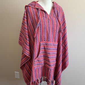 NWT- 100% Recycled Cotton Striped Hooded Baja Beach Poncho in Pink & Red Tones
